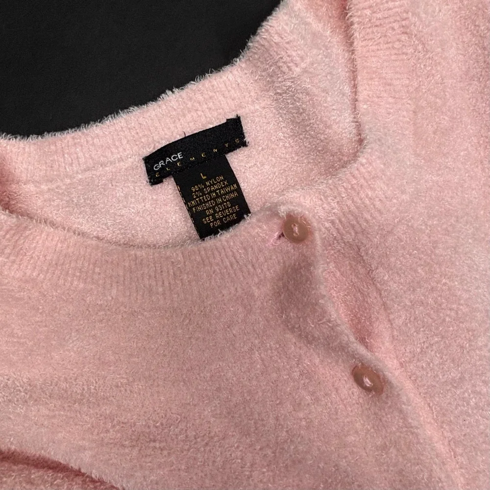 Grace Elements Pink Fuzzy Cardigan Button Up Cozy Knit Sweater Women's Large EUC - Picture 3 of 6